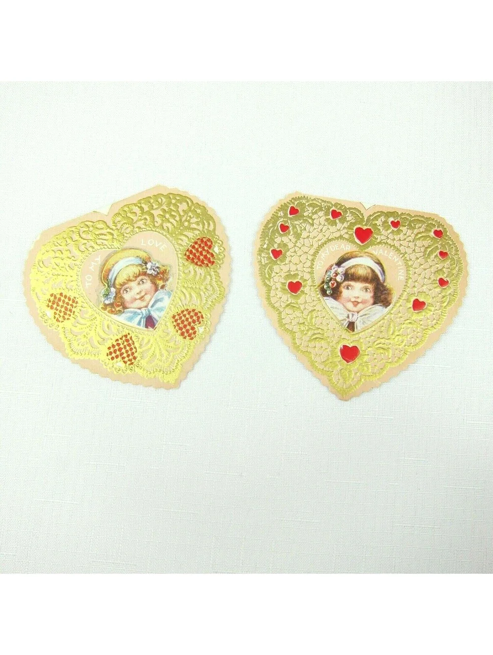 Lot 2 Vintage Valentine Die cut Fold Girl Angels Gold Embossed 1920-30s UNSIGNED